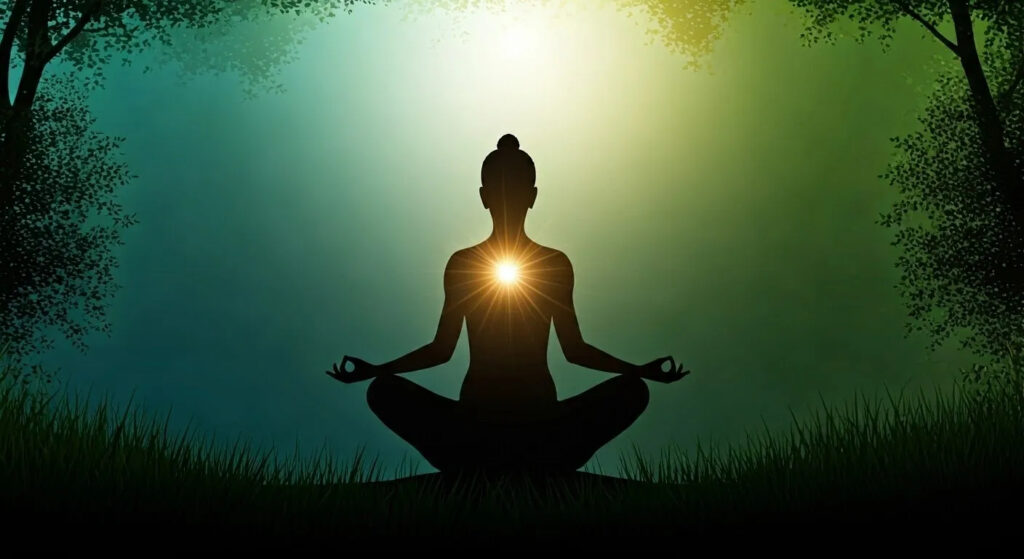 Person meditating in stillness symbolizing daily channelling with Mahavatar Babaji, self-healing and inner peace.